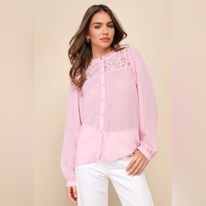 Lulus Pink Lovely Delight Chiffon Rosette Ruffled Long Sleeve Top - XS